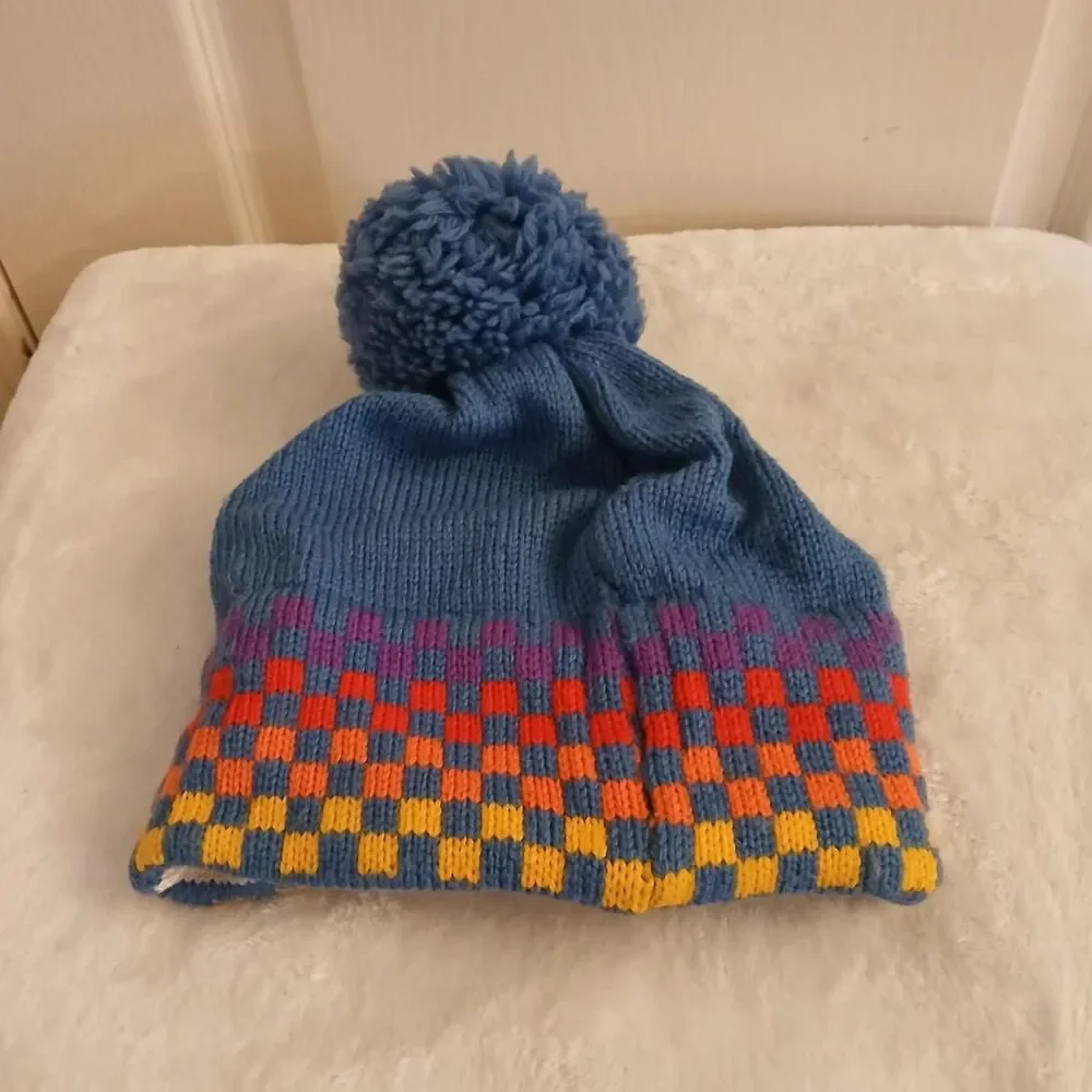 Vintage 80s White Stag 100% Wool Checkerboard Pom Beanie One Size Kids/Unisex